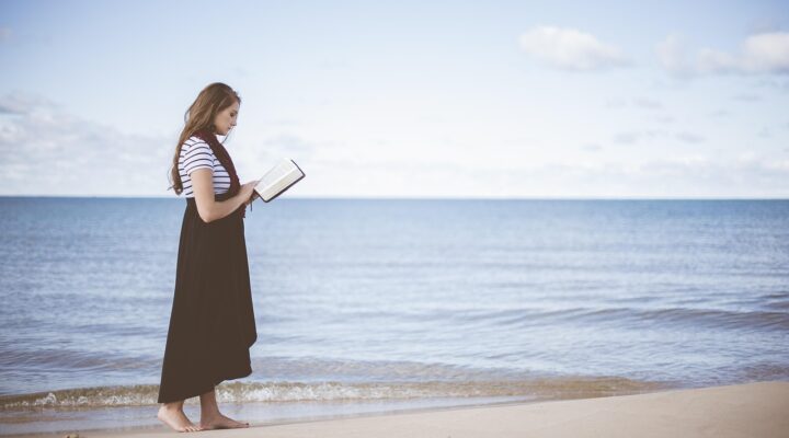 beach, girl, reading, ocean, sand, sea, seashore, water, woman, book, reading a book, reading girl, walk, nature, walking, leisure, relax